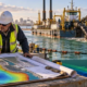An estimator and marine engineer review a harbor depth survey while a dredger removes sediment into a containment area.