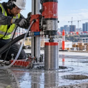 Worker using a core drill to bore a clean opening through a concrete slab