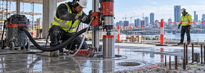 Worker using a core drill to bore a clean opening through a concrete slab