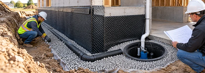 A construction crew installs perimeter drain tile and a sump system beside a waterproofed basement foundation.