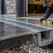 An installer checks a driveway channel drain at a garage entrance as runoff flows into the grate.