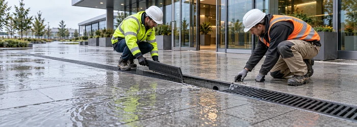 Installers inspect a grated linear drain across a wet commercial entrance forecourt to capture runoff before it reaches the doorway.