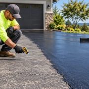 Contractor checks a dry asphalt driveway before seal coating while a worker spreads a fresh protective layer.