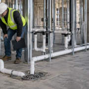 A plumber and inspector check the sanitary waste stack, branch drains, and floor drain rough-in inside a multi-unit building.
