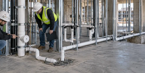 A plumber and inspector check the sanitary waste stack, branch drains, and floor drain rough-in inside a multi-unit building.