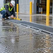 Installers align a grated trench drain across a wet commercial loading area while an engineer checks its slope and outlet.