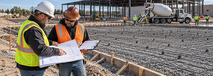 Estimators review a commercial slab plan and cost worksheet beside a reinforced concrete slab before the pour