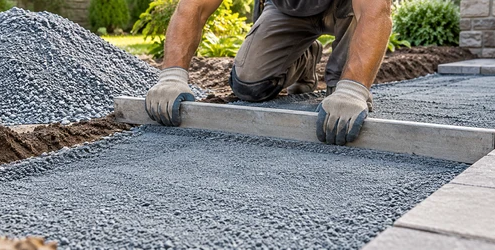 Worker levels a bed of blue stone dust beside a newly paved walkway.