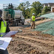 46546-feature-image Hydromulch crew sprays fiber mulch over a construction slope while contractors review the erosion control plan and installation scope
