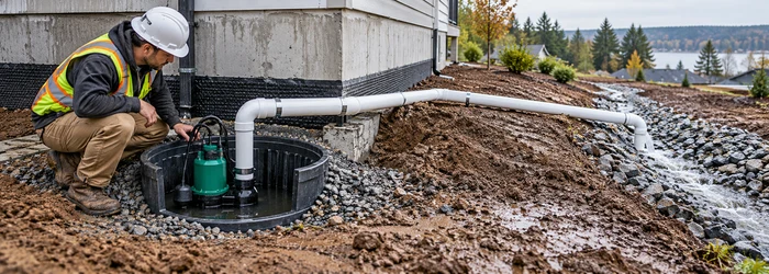 A technician checks an exterior sump basin as its discharge pipe carries water away from a foundation to a gravel swale.