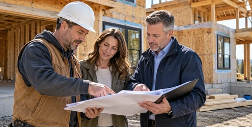 Project owner, contractor and lender reviewing construction progress and draw documents beside a partly completed home
