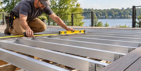 Installer measures and levels aluminum deck joists before installing decking boards.