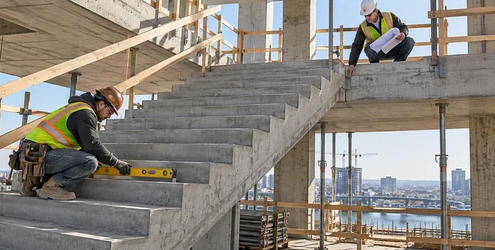A carpenter checks tread and riser alignment on a cast-in-place concrete staircase while an engineer reviews the landing connection.