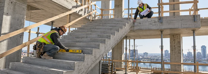 A carpenter checks tread and riser alignment on a cast-in-place concrete staircase while an engineer reviews the landing connection.