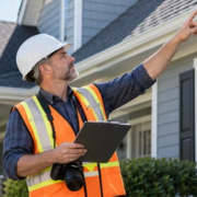 Home inspector checking a residential roof and exterior for an insurance inspection
