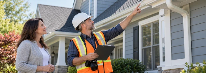 Home inspector checking a residential roof and exterior for an insurance inspection