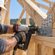 Builder fastens engineered wood framing members with a nail gun during construction.