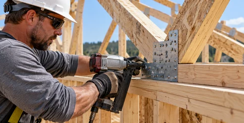 Builder fastens engineered wood framing members with a nail gun during construction.