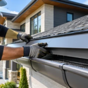 Roofer fits a water-diverting board and flashing at a roof eave above the gutter.