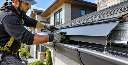 Roofer fits a water-diverting board and flashing at a roof eave above the gutter.