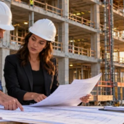 Design team reviewing code documents beside a multi-story construction site