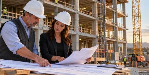 Design team reviewing code documents beside a multi-story construction site