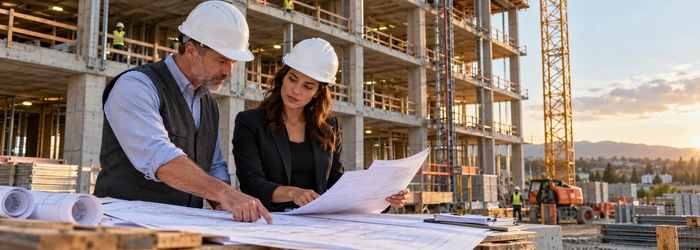Design team reviewing code documents beside a multi-story construction site