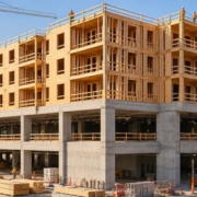 Five wood-framed residential floors rising above a two-level concrete podium