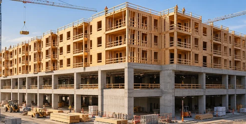Five wood-framed residential floors rising above a two-level concrete podium
