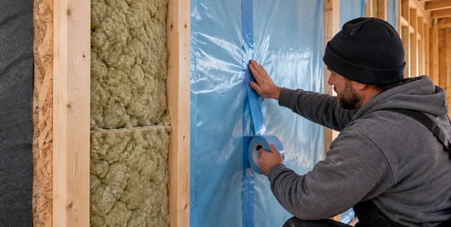 Vapor-control membrane installed behind insulation in a framed exterior wall