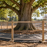 Tree root protection fencing keeping construction equipment away from a mature tree root zone