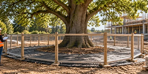Tree root protection fencing keeping construction equipment away from a mature tree root zone
