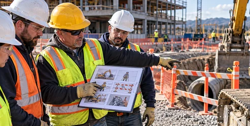 Construction crew reviewing a job safety analysis and task controls before work
