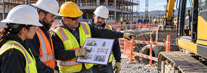 Construction crew reviewing a job safety analysis and task controls before work
