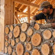 Cordwood wall built from short wood sections set in mortar during home construction