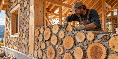 Cordwood wall built from short wood sections set in mortar during home construction