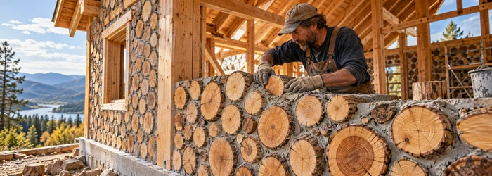 Cordwood wall built from short wood sections set in mortar during home construction