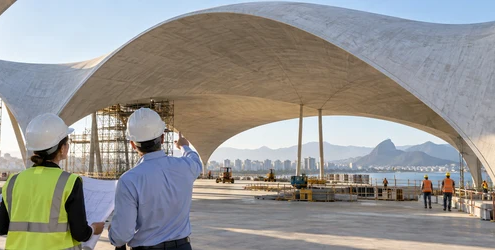 Architects inspecting a curved thin-shell concrete roof under construction