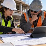 Construction project engineer reviewing technical documents and coordinating field work