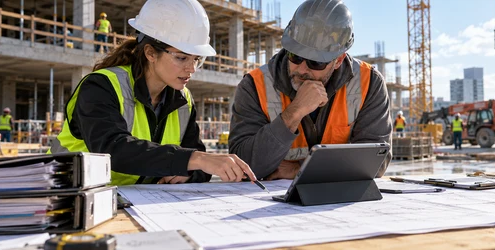 Construction project engineer reviewing technical documents and coordinating field work