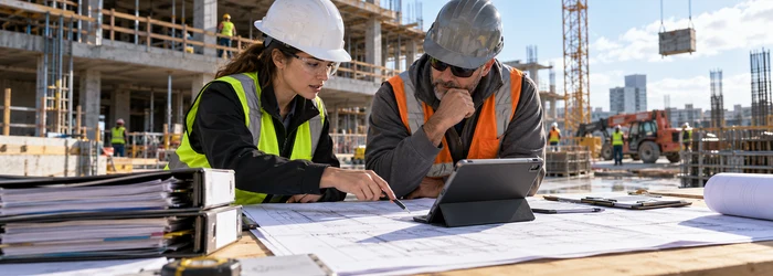 Construction project engineer reviewing technical documents and coordinating field work