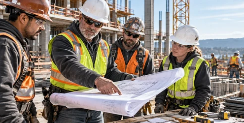 Construction foreman briefing a crew on work plans at a jobsite
