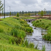 A civil engineer surveys a grass-lined swale carrying stormwater alongside a new road.