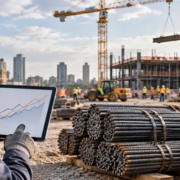Construction estimator reviews steel price trends beside reinforcing bars and structural beams at an active project site