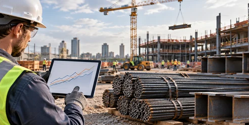 Construction estimator reviews steel price trends beside reinforcing bars and structural beams at an active project site