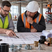 A plumbing estimator and contractor review the material takeoff, labor scope, and project drawings beside pipe and fitting samples.