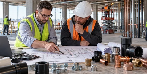 A plumbing estimator and contractor review the material takeoff, labor scope, and project drawings beside pipe and fitting samples.