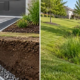 Side-by-side comparison of a buried pipe drain beneath paving and a vegetated swale carrying runoff across a graded landscape.