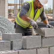 Mason lays concrete blocks on site beside staged cement, aggregate, reinforcing steel, and timber.