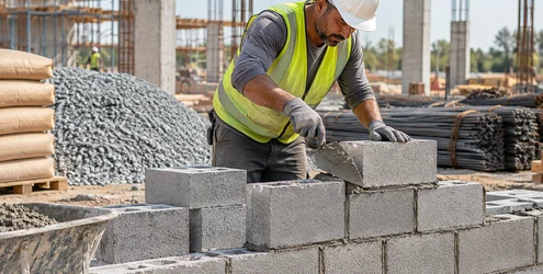 Mason lays concrete blocks on site beside staged cement, aggregate, reinforcing steel, and timber.